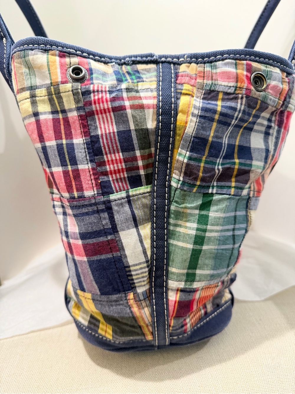 Madras Patchwork Plaid Vintage J.Crew Large Tote Bag Navy Canvas - Picture 9 of 16